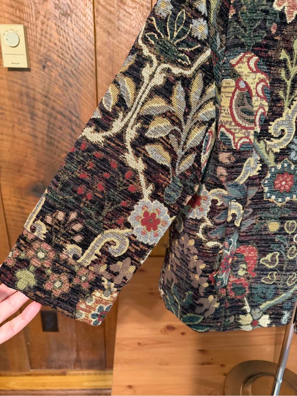Vintage 90s Orvis Floral Chenille Tapestry Open-Front Jacquard Jacket S Academia - Picture 4 of 16